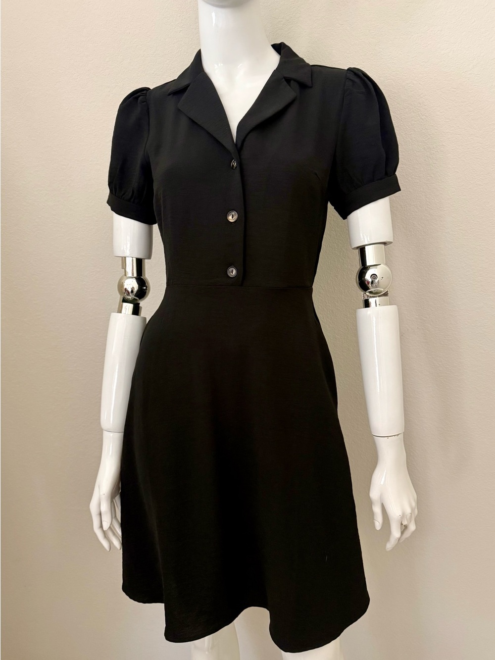 Monteau Black Short Puff-Sleeve Collared Mini Dress